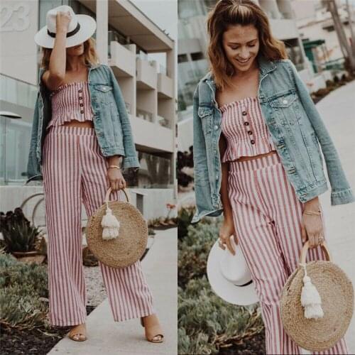 Sexy Striped 2pcs Women Set Elastic Tube Tops Wide Leg Pants 2 Pieces Casual Sets Women Summer Clothing Suit