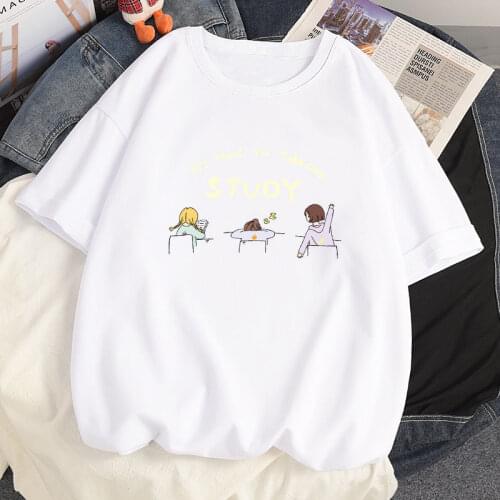 Harajuku 100% Cotton 2021 Summer Women T Shirt y2k Kawaii Anime STUDY Classmate Girl White Short Sleeved Oversized T-shirts Tops