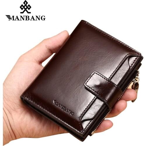 ManBang Genuine Leather Men Wallets Fashion Trifold Wallet Zip Coin Pocket Purse Cowhide Leather man wallet high quality