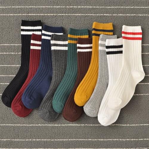 Cotton Women Socks Classic Vintage Two Stripe Pattern Top Black White Beige Grey Yellow 10 Solid Colors Crew Style