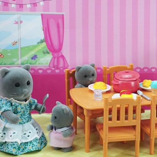 New Forest Animal Blue Cat Family 1:12 Dollhouse Accessory Kitchen Utensils Pan Set Miniature Food Montessori Toys For Girl Gift