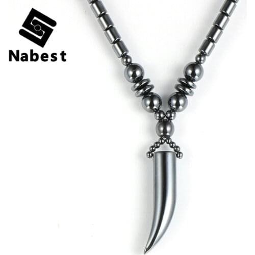 Men Women Hematite Horns Pendant Necklaces Natural Stone Black Hematite Horn Tooth Charm Choker Clavicle Chain Necklace Jewelry