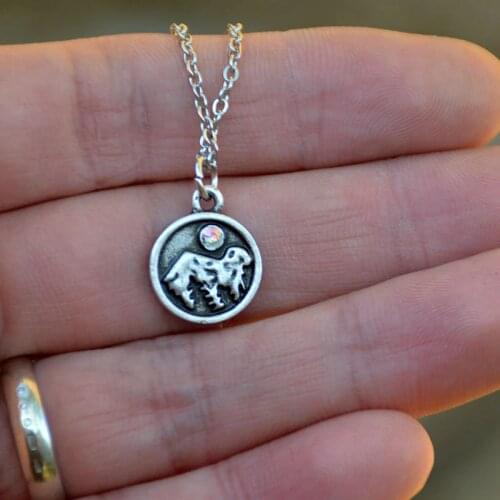 Vintage Silver Mountain Crystal Moon Pendant Neckalce Forest Tree Jewelry For Women
