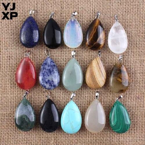YJXP Simple Design Silver Plated Assorted Opal Rock Crystal Black Agates Water Drop Shaped Pendant Minimalism Charms Jewelry