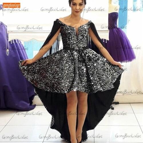 Sexy Black Short Prom Dresses 2020 Off Shoulder Sequined Boho Beach Women Party Gowns High/Low Custom Made Abiti Da Cerimonia
