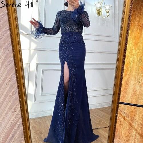 Serene Hill Luxury Muslim Navy Blue Evening Dresses Gowns 2021 Elegant Meramaid Beading Feathers For Women Party LA70978