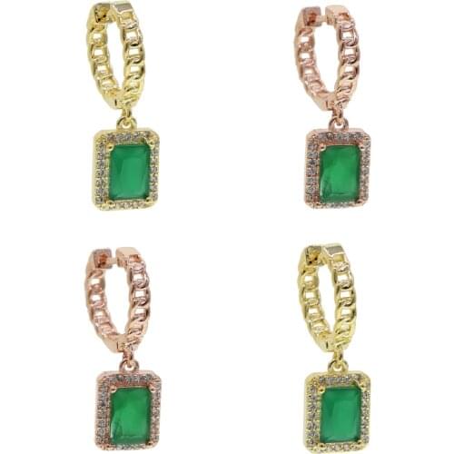 Big green cubic zirconia cuban chain huggie hoops Halo cz charm hoop earring gold rose gold