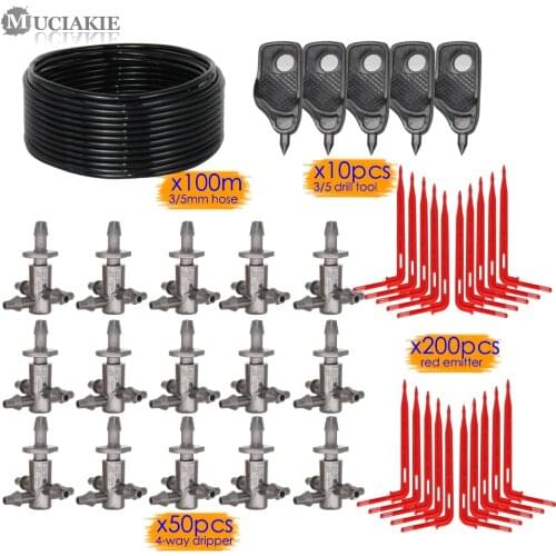 100M 1/8'' Barb - 1/8'' 4-Way Outlet Red Elbow Arrow Dripper Mini-Stake Watering System 0.5 GPH Garden Irrigation Emitter