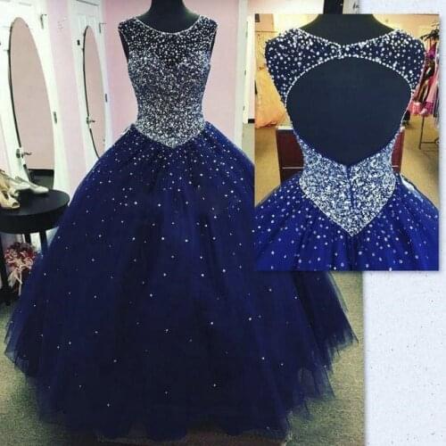 Modest Sparkly Dark Blue Prom Dress Quinceanera Dresses Masquerade 2020 Open Back Bling Crystal Pageant Dresses For Sweet 16