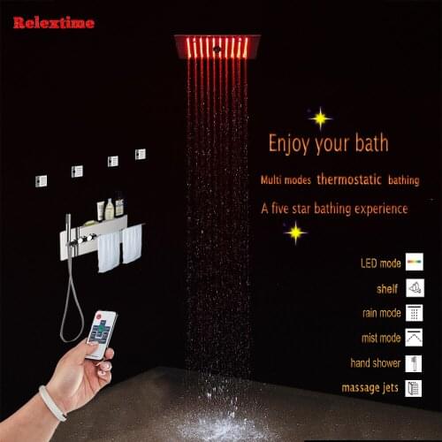 Concealed thermostatic Shower Panel Nozzle Light LED Luxury Ceiling Shower Head Shower Faucet Tap Towel Rack Shelf Massage Jets