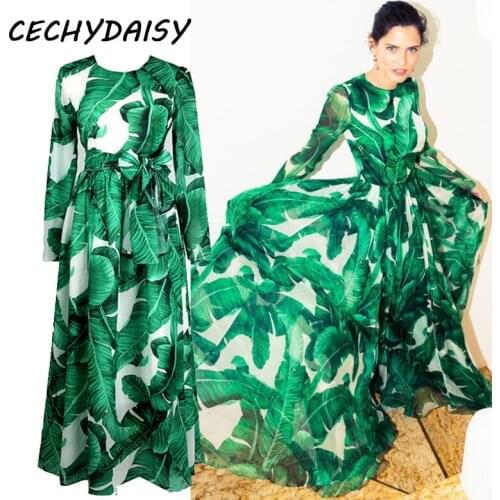 Spring Summer 2021 Vacation Bohemian Party Dinner Dresses For Women Ruway Brand Plantain Leaf Green Print Maxi Dress Large Size