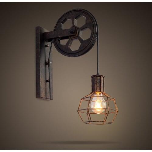 Vintage Cage Pendant Light Pulley Iron Craft Sling Rope Stairs Corridor Wall Lights Stand Lamps Retro Pendant Without Bulb
