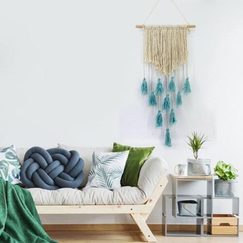 Hanging Ornament Bohemian Macrame Wall Art Handmade Cotton Wall Hanging Ornament Beige Blue Tapestry With Tassel Fringe