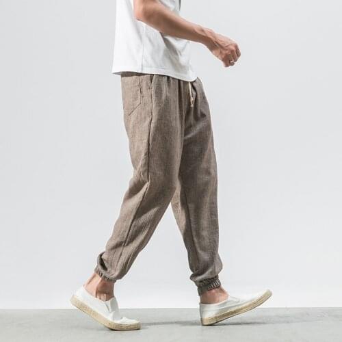 Japanese cotton flaxen trousers ankle banded pants men loose harem Chinese style large bloomers linen knickerbockers Traditiona
