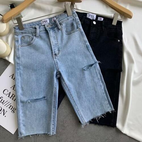 Jeans Shorts Women 2021 Summer Outfits Skinny Ripped Holes Denim Short Personalized Ladies Streetwear Bottoms Classic Blue Black