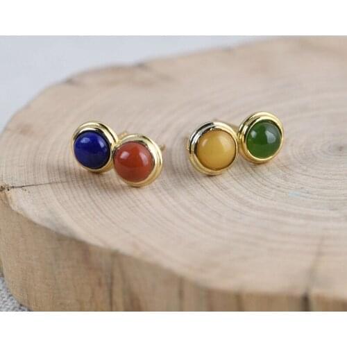 S925 silver simple fashion round earrings retro personality multi-color optional inlaid earrings for women man