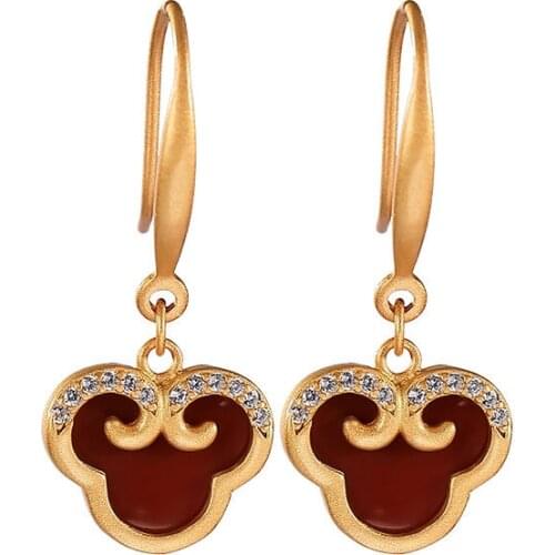 S925 sterling silver gold-plated southern red agate earrings retro personalized Ruyi womens ear hook earrings