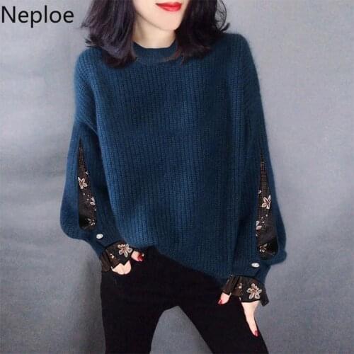 Neploe Patchwork Fake Two Woman Sweaters Winter Clothes Loose Knitted Pullovers Sueter Mujer O-neck Long Sleeve Jumper Coat