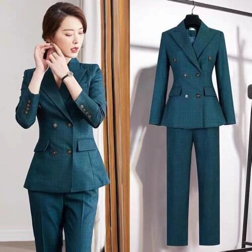2021 Spring Autumn New Women Office 2 Piece Set Lady Double Breasted Blazer High Waist Long Pants Suits Female Solid Set N250
