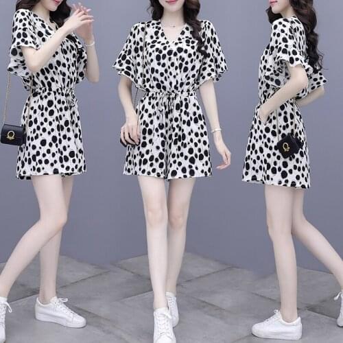 2020 Summer New Women Fashion Jumpsuit V-neck Short Sleeve Casual Playsuit Polka Dot Chiffon Overalls Jumpsuits for Women