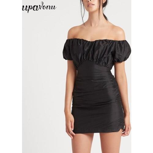 Free Shipping 2021 New Chic Womens Bodycon Draped Dress Sexy Card Shoulder Short Sleeve Black Mini Dress Club Party Vestidos