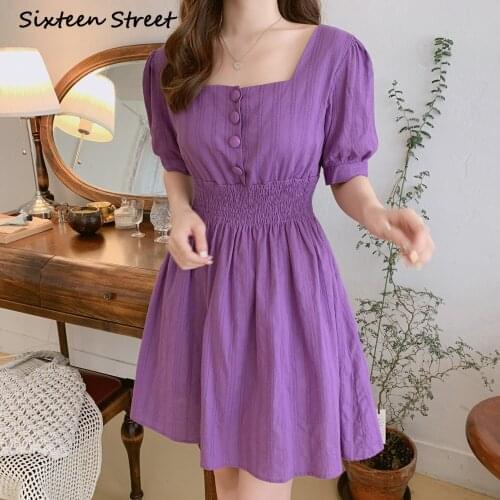 Dresses for Women 2021 Summer Square Collar Purple Y2k Aesthetic Vestidos De Mujer Chic Vintage Sexy Korean Fashion Clothing