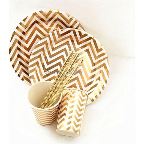 Foil Gold Chevron 7/9 Inch Paper Plate Cup Straw Gold Party Tableware Set Birthday Wedding Decoration Party Favors For 12 Person