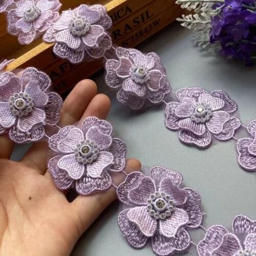 1 Yard 5cm Lace Trim Ribbon Purple Polyester Pearl Flower Embroidered Fabric Handmade Sewing Craft For Costume Hat Decoration