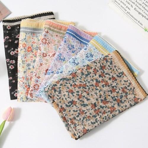 2021 Fashion Newest Floral Printed Pattern Square Scarf Cotton Lace Trim Scarf Shawls Wraps Hijabs 6Colors 10pcs/lot