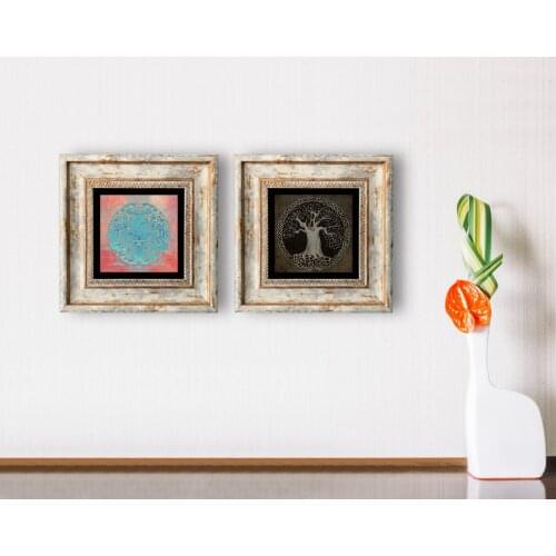 BK Home Flower of Life and Life Tree 2'li Framed Stone Wall Dekoru-1