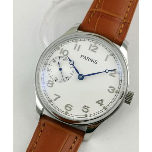 Parnis 44mm luxury Mechanical Wristwatch white dial blue hands 17 jewels 6497 Manual winding movement Mens watch