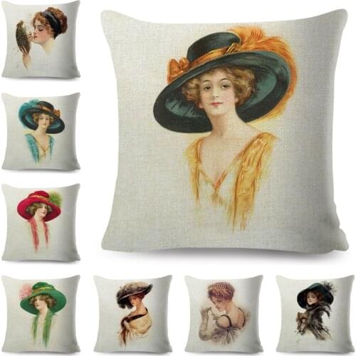 Vintage Style European Lady Cushion Cover Decor Elegant Women Print Pillowcase for Sofa Home Car Polyester Pillow Case 45x45cm