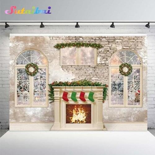 Merry Christmas Backdrop 2022 New Year Winter Fireplace Socks Wreath Windows Snowy Trees Old Brick Wall Background Decorations