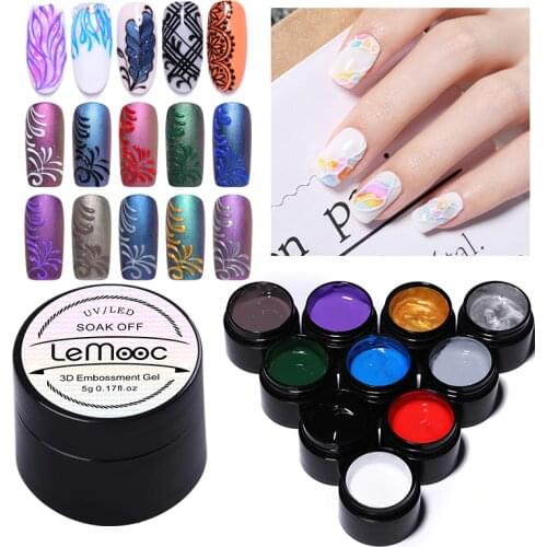 LEMOOC 5ml 3D Embossment Gel Polish Silver Gold Colorful Painting Drawing Carving Nail Art Design Gel Soak Off UV Gel Varnish
