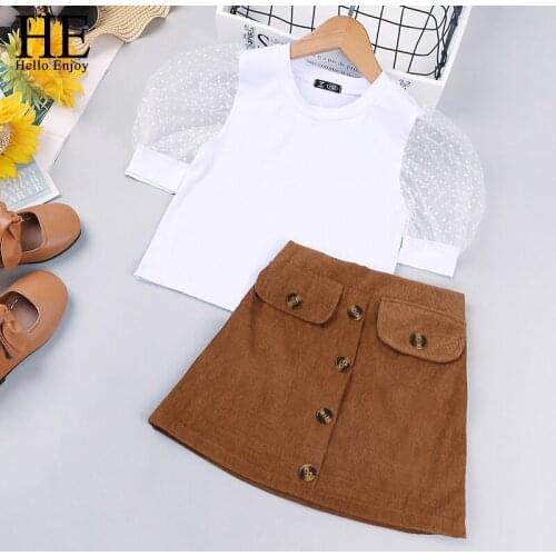 HE Hello Enjoy Fashion Children Girls Clothing Sets Toddler Girls Short Black Mesh Top + Yellow Polka Dot Skirt Kids Outfits