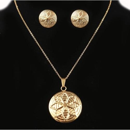 Flower Gold Color Stainless Steel Sets For Women Necklace Earrings Jewelry Set Wedding Party Jewelry