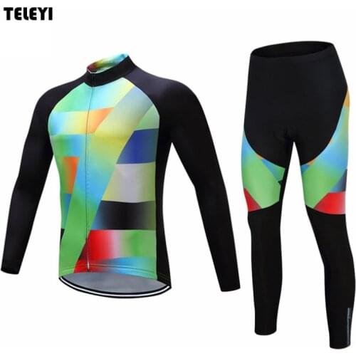 TELEYI Men Bike Pro Team Long Sleeve Ropa Ciclismo Cycling Jersey & Bib Pants Set Riding Bicycle Sportswear Kits Colorful