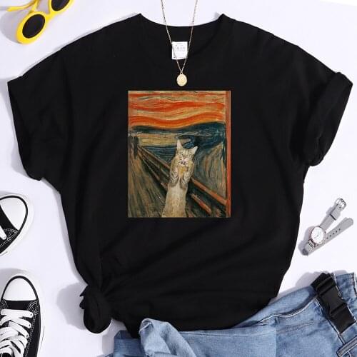 The Scream Art Style Retort Cat Printing Women Tops Shirts Cartoons Slim Clothes Oversize T Shirt Spring Summer Womens T Shirt