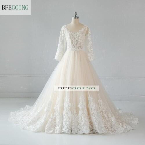 Ivory Lace Champagne Tulle Beading Long Sleeves Bridal gown Floor-Length A-Line Wedding dress Chapel Train Custom made