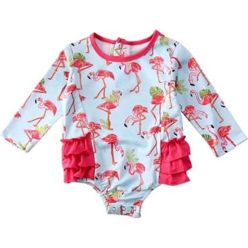 0-24M Toddler Kids Baby Girls One Piece Bikini Swimwear Cartoon Print Ruffles Long Sleeve Romper Swimwear