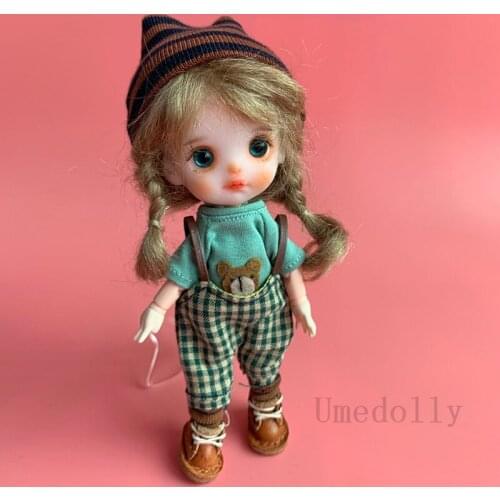 Cute Bear Obitsu 11 Dolls T-shirt + Hat + Bib Pants + Socks Outfits for OB11, 1/12 BJD, GSC Doll Overall Clothes Accessories