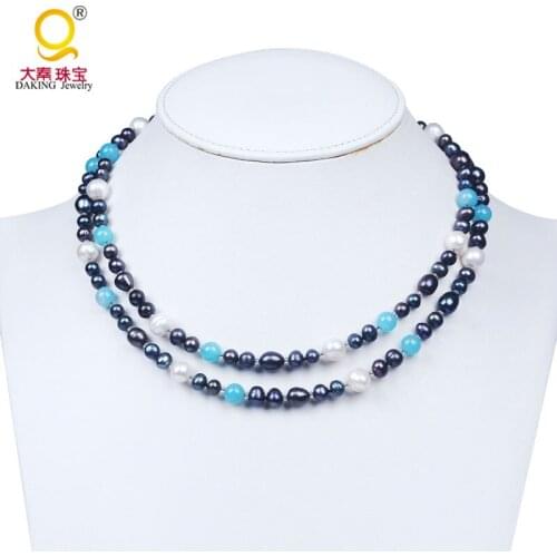 Fashion new coming white and grey pearl necklace beaded necklace blue stone necklace stone freshwater pearl necklace jewelry