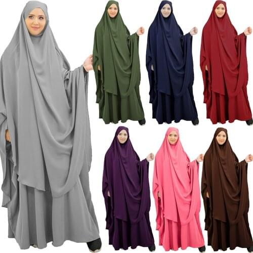 Eid Prayer Garment Dress Muslim Women 2 Pieces Set Khimar Hijab Abaya Islamic Clothes Ramadan Robe Overhead