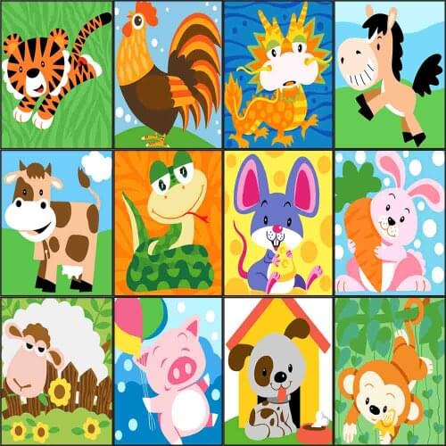 Cartoon Animal Oil Painting By Number 20×20 CM With Frame Mouse Cow Tiger Rabbit Dragon Snake Horse Sheep Monkey Chicken Dog Pig