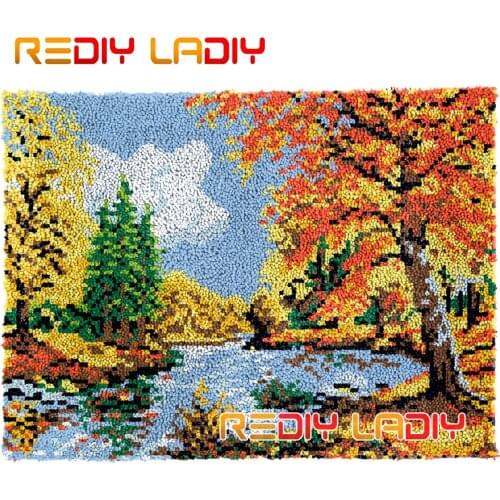 Latch Hook Kits Autumn Stream DIY Carpet Rug Needlework Plush Wall Hanging Chunky Yarn Art Crocheted Floor Mat Hobby & Crafts