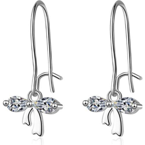 New Fashion Ear Hook 925 Sterling Silver Jewelry Noy Allergic Simple Temperament Bow Crystal Exquisite Earrings SE684