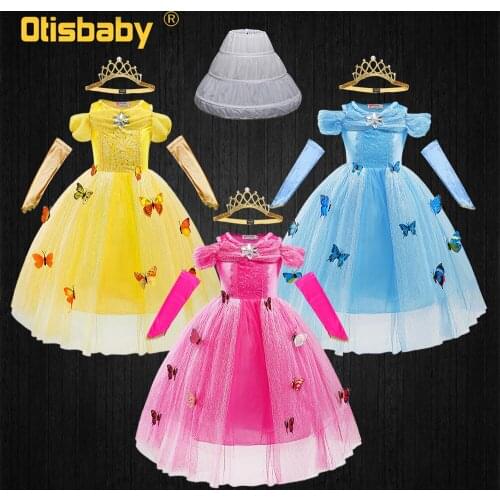 Toddler Girl Party Light Blue Cinderella Dress Children Princess Aurora Belle Costume Yellow Pink Puffy Tulle Dresses for Girls