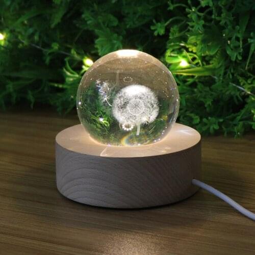Dandelion 3D Crystal Ball Night Light Home Bedroom Decor Projection Table Lamp Beech Base For Children New Year Xmas Gift