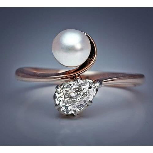 Luxury Female Crystal Water Drop Ring Charm Rose Gold Color Wedding Rings For Women Trendy White Pearl Thin Engagement Ring