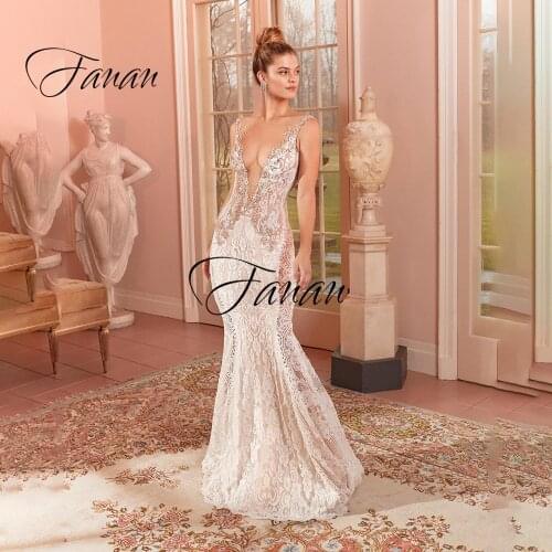 Luxury Deep V-Neck Wedding Dress Backless Spaghetti Straps Mermaid Lace Appliques Beading Crystal Sequined Bridal Gown платье